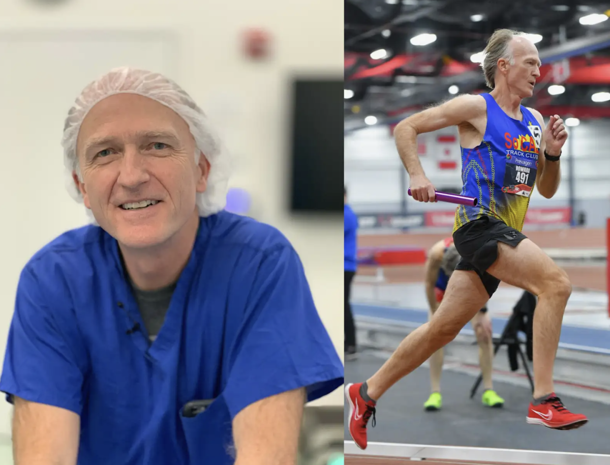 Last month, Steve Howard joined the track and field team as an assistant coach, specializing in distance running. Howard was an anesthesiologist for more than 30 years before retiring in 2023 (left), and has remained an avid competitive runner since starting in high school (right). 